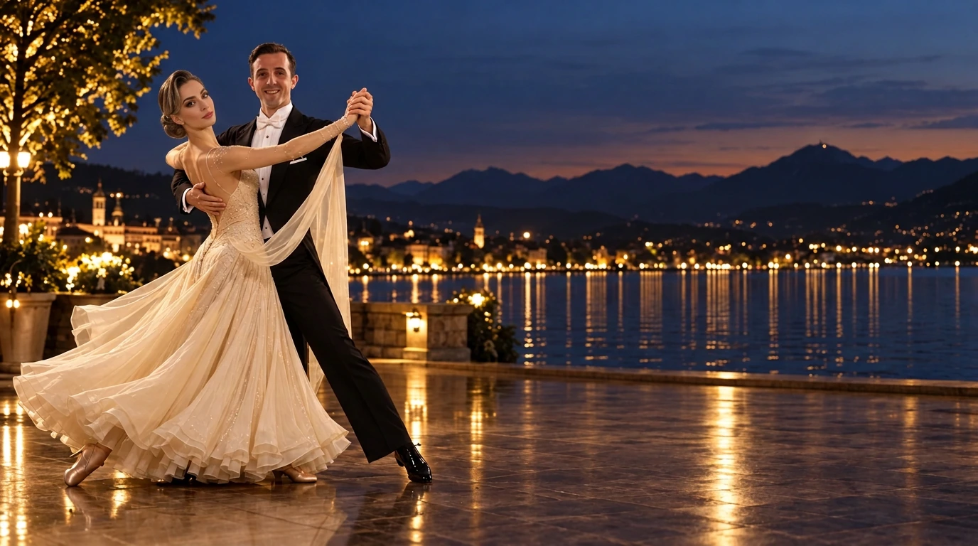 Couple performing an elegant ballroom dance beside Lake Zurich